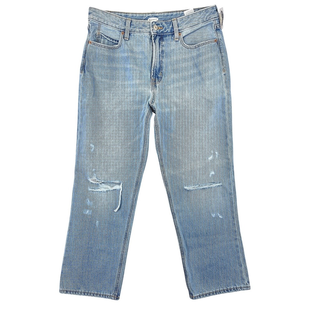 Old Navy Extra High-Waisted Sky-Hi Straight Jeans Womens 8 Light Wash Ripped Y2K